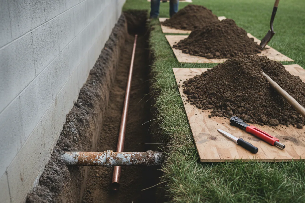 Excavated water line trench during Water Softener Installation in Muskegon